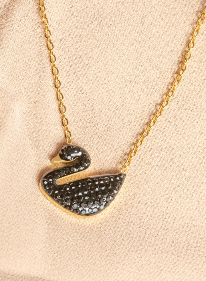 Stainless Steel Necklace Gold with a Black Zirconic Flamingo Pendant