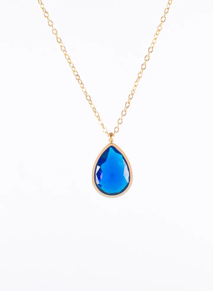 Stainless Steel Necklace Gold with Blue Crystal Water Drop Pendant