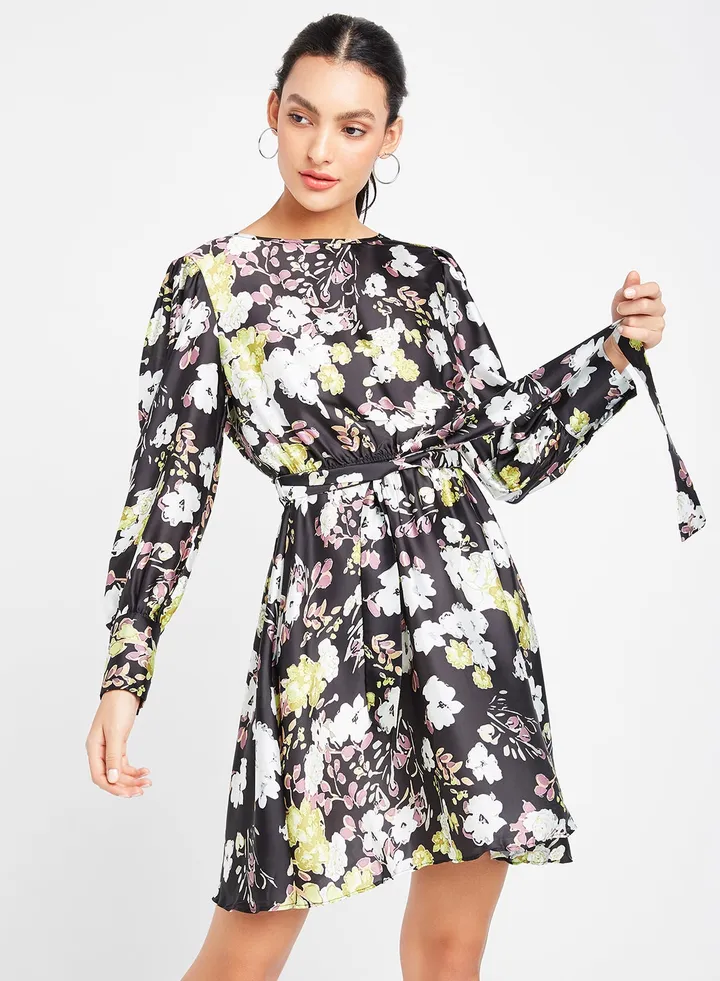 Floral Belted Dress Black/White/Pink