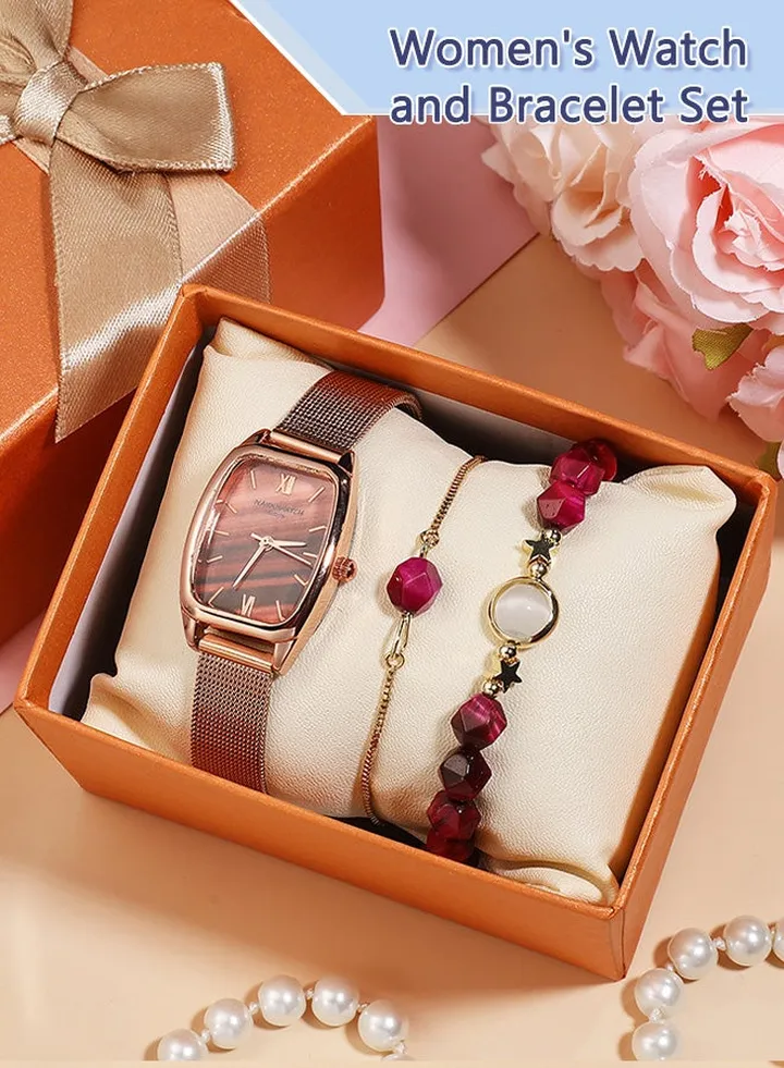 3PCS Women's Alloy Strap Bracelet Watch Set Analog Display Rectangle Dial Quartz Watch with Rose Red Beaded Bracelets Elegant Watch Set as Gift for Ladies