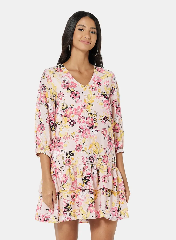 Floral Tier Hem Dress Sepia Rose