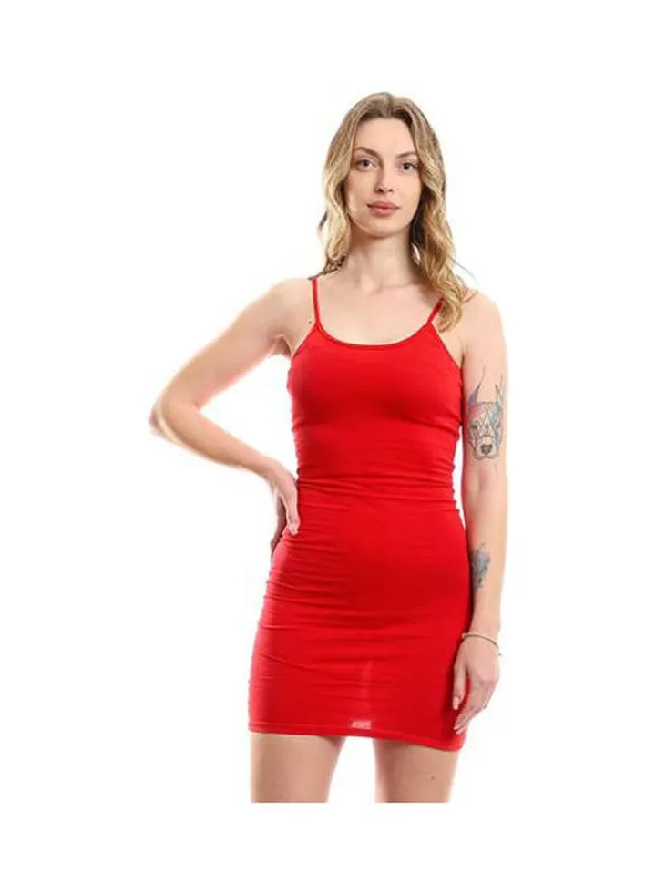 Bretelle Short Dress Cotton Thin Strap Red 