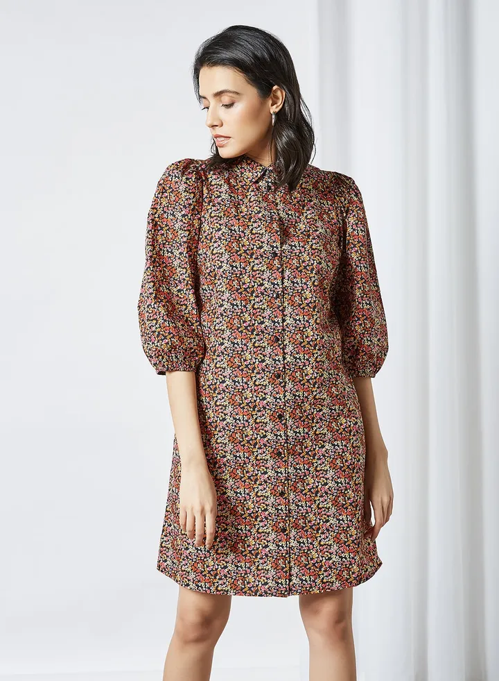 Floral Puff Sleeve Shirt Dress Black