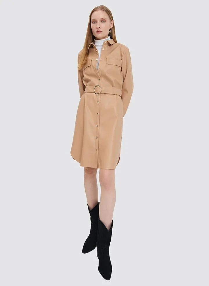 Faux Leather Belted Dress Beige