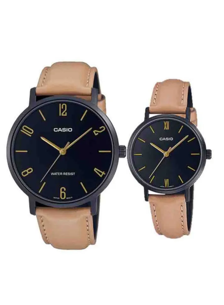 Casio Brown Leather Band Analog Black Dial Couple Watch MTP-VT01BL-1B LTP-VT02BL-1A