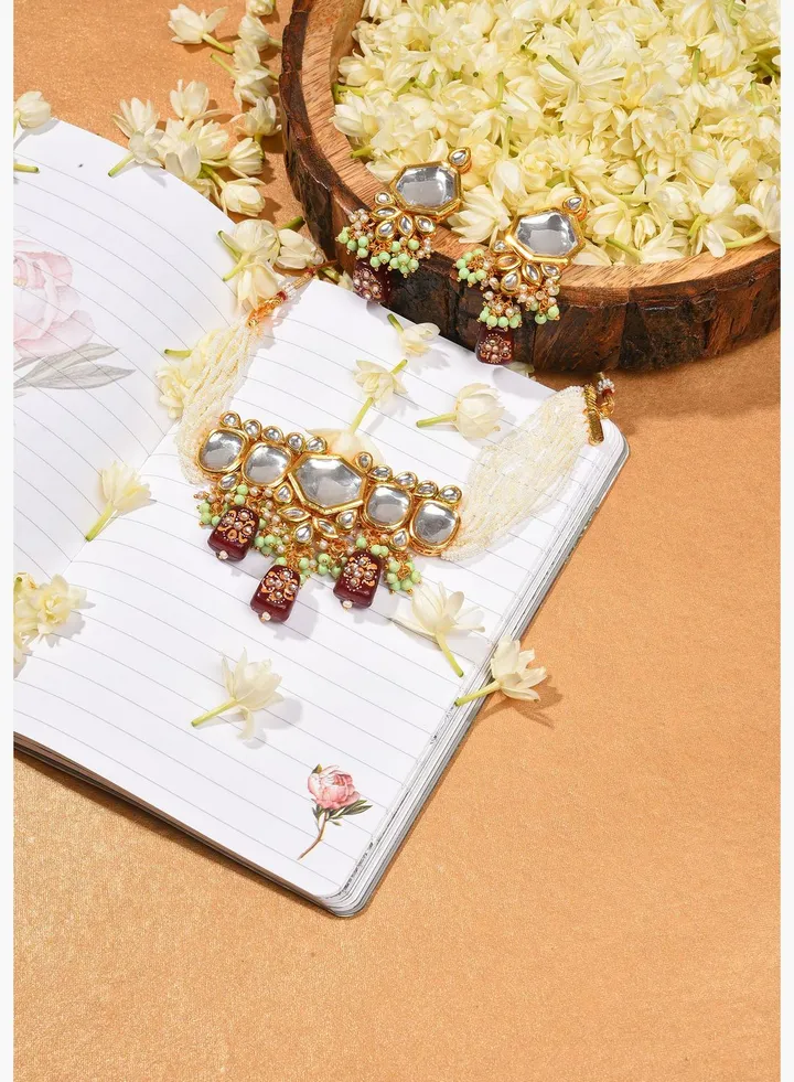Gold Plated Kundan Beaded Necklace and Earring Set