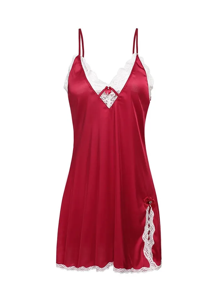 Satin Lace Trim Slip Chemise Nightdress Red