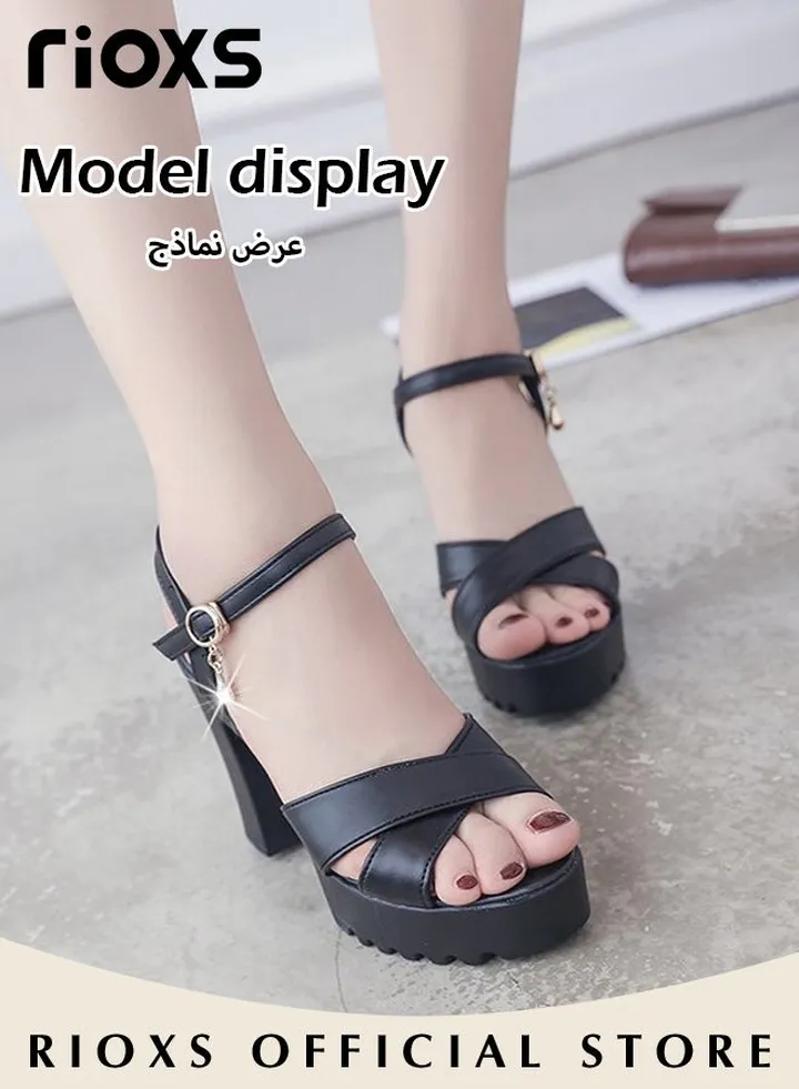 Women's Fashion High Heel Sandals Casual Ankle Strap Chunky Heel Shoes Lightweight Round Toe Shoes