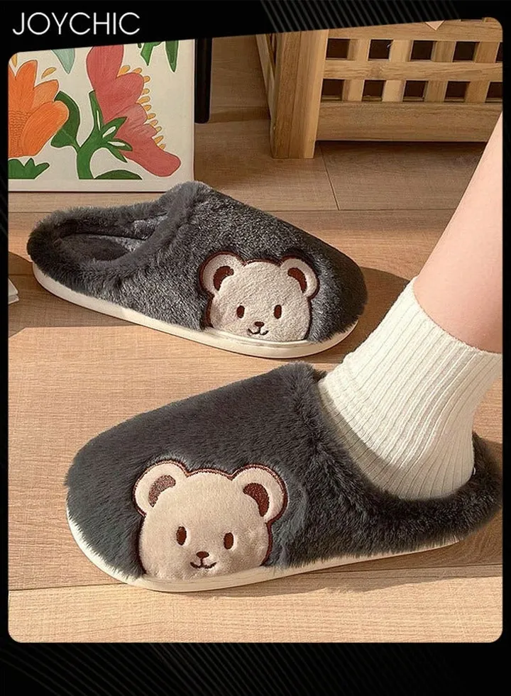 Lovely Bear Design Men Cotton Slippers Autumn And Winter Home Indoor Non-Slip Thick Comfot Soft Bottom Warm Bedroom Slippers Dark Grey