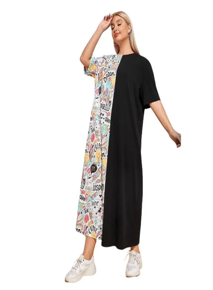 Home Half-sleeved Jalabiya Special Size - White W Black