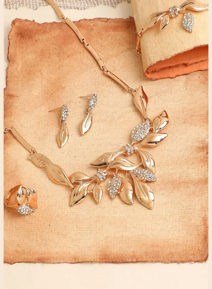 Gold Plated Designer Stone Necklace, Earring, Ring and Bracelet Set