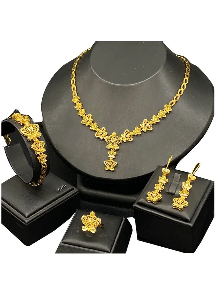 Gold Color Long Chain Necklace Rings Bracelets Earrings Set for Lady Wedding Bridal Copper Jewelry Set Party Gifts