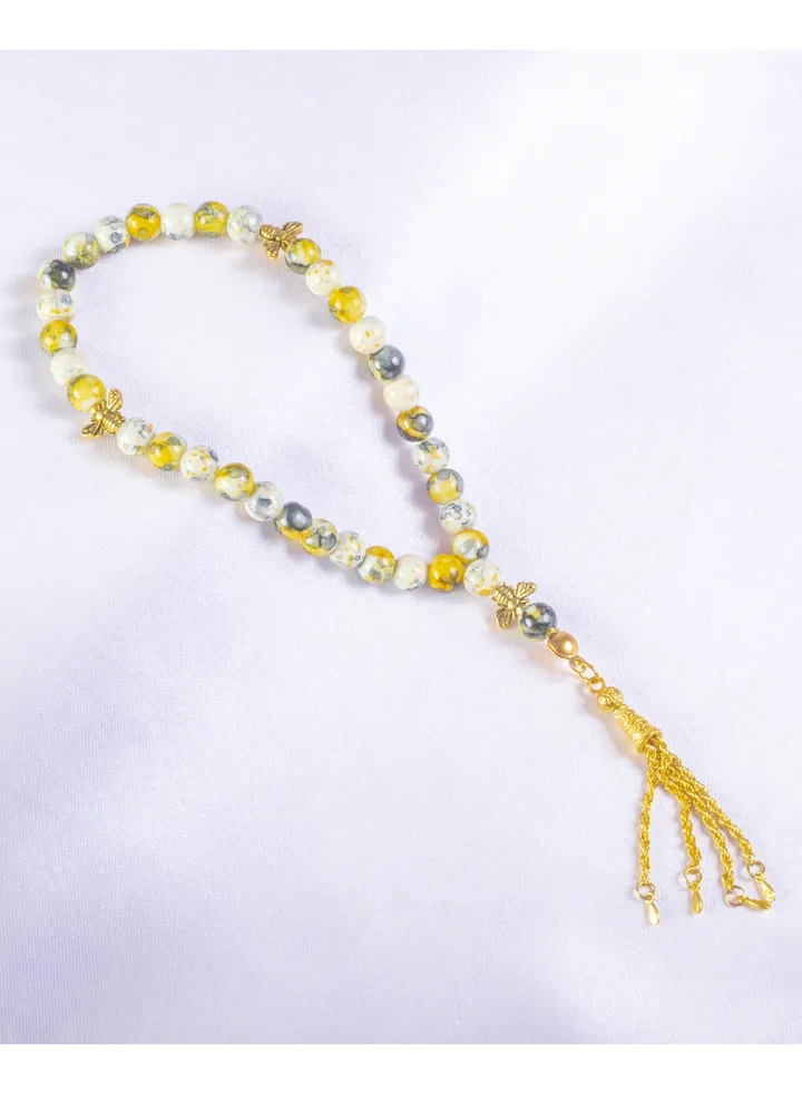 Blackish Yellow & Marble Yellow Alabaster Stone Prayer Bead of 33 Beads and High Quality Tassel