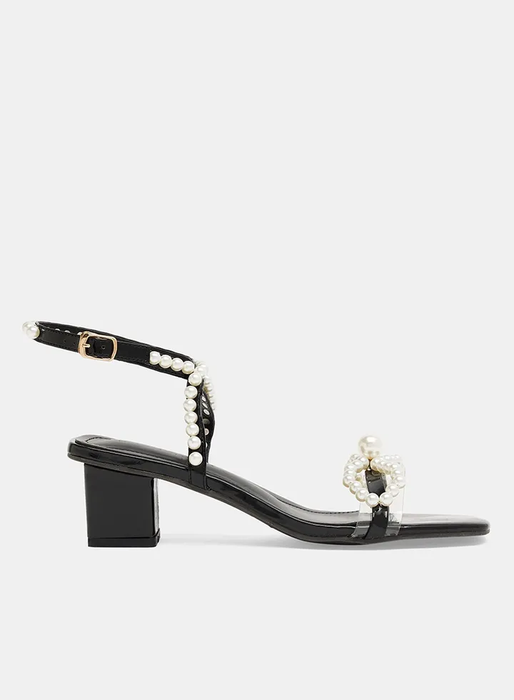 Faux Pearl Buckle Sandals Black