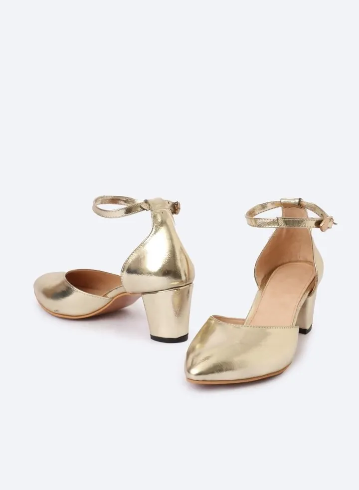 Metallic-Textured Leather Heeled Shoes, 5cm Middle Heels