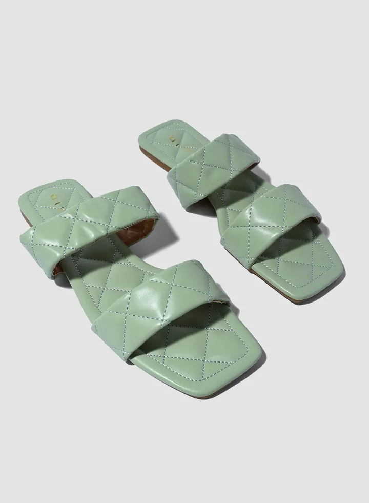 Checkered Stitch Detail Flat Sandals Mint
