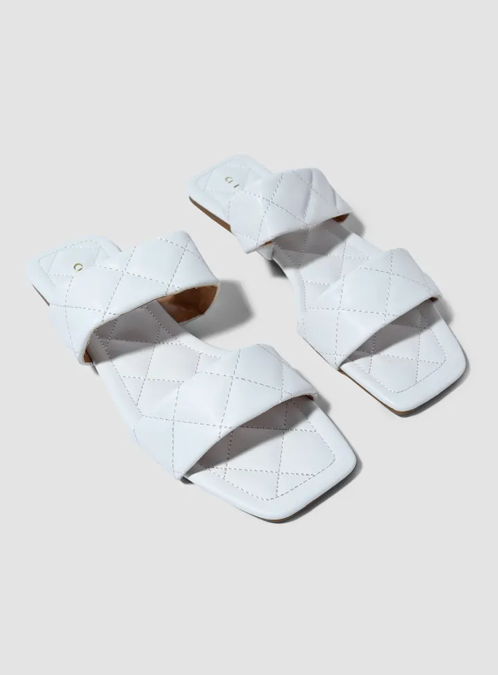Checkered Stitch Detail Flat Sandals White