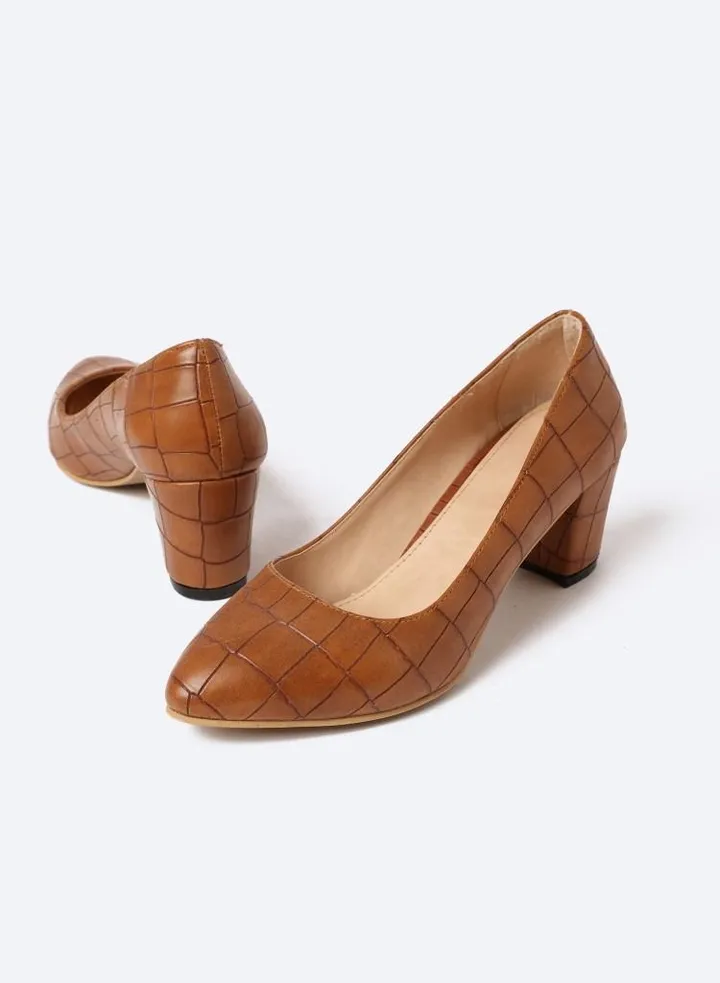 Animal Print Crocodile-Textured Leather Heeled Shoes With Matte Finish, 7cm Middle Heels