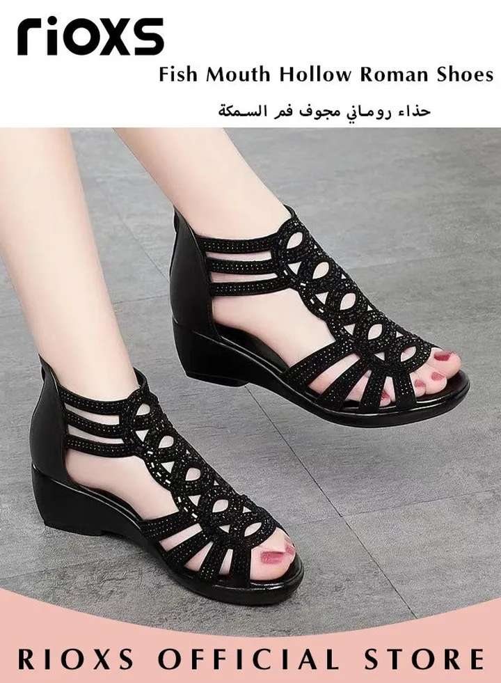 Women's Fashion Rhinestone Strappy Black Sandals Fish Mouth Hollow Roman Shoes High-Top Back Zipper Sandals