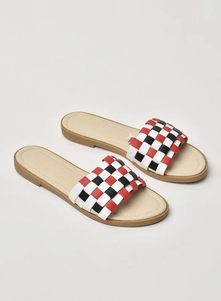 Braided Strap Flat multicolors Sandals Brick Red/White/Black