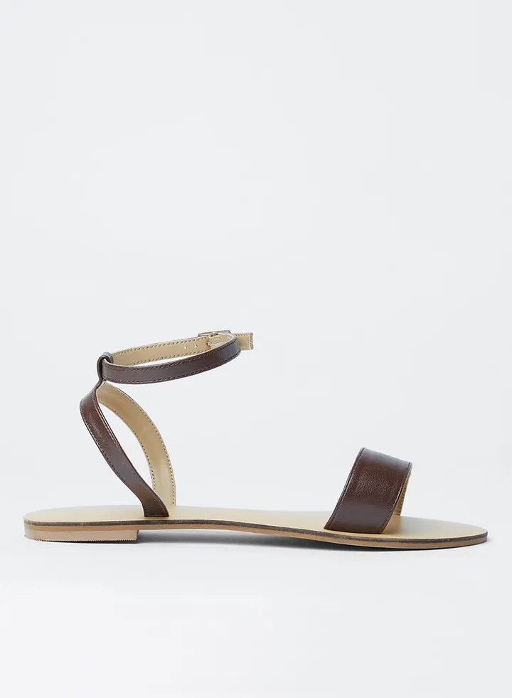 Faux Leather Flat Sandals Brown