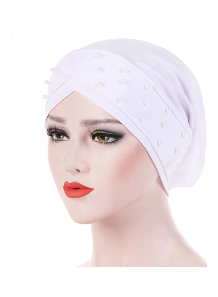 Women Beads Elastic Turban Hat Muslim Cancer Chemo Cap Hijab Head Wrap White