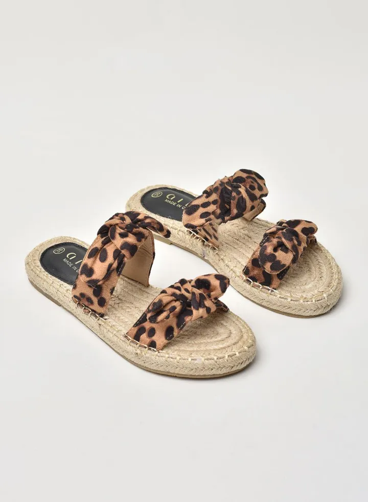 Animal Printed Double Strap Flat Espadrille Sandals Brown/Black
