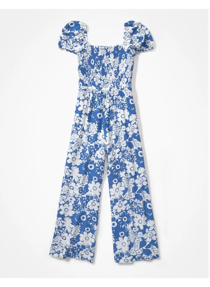 AE Smocked Puff-Sleeve Jumpsuit