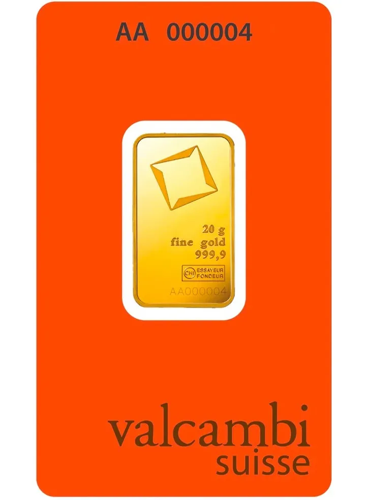 Valcambi Suisse 24 Karat (999.9) 20g Gold Bar 24k