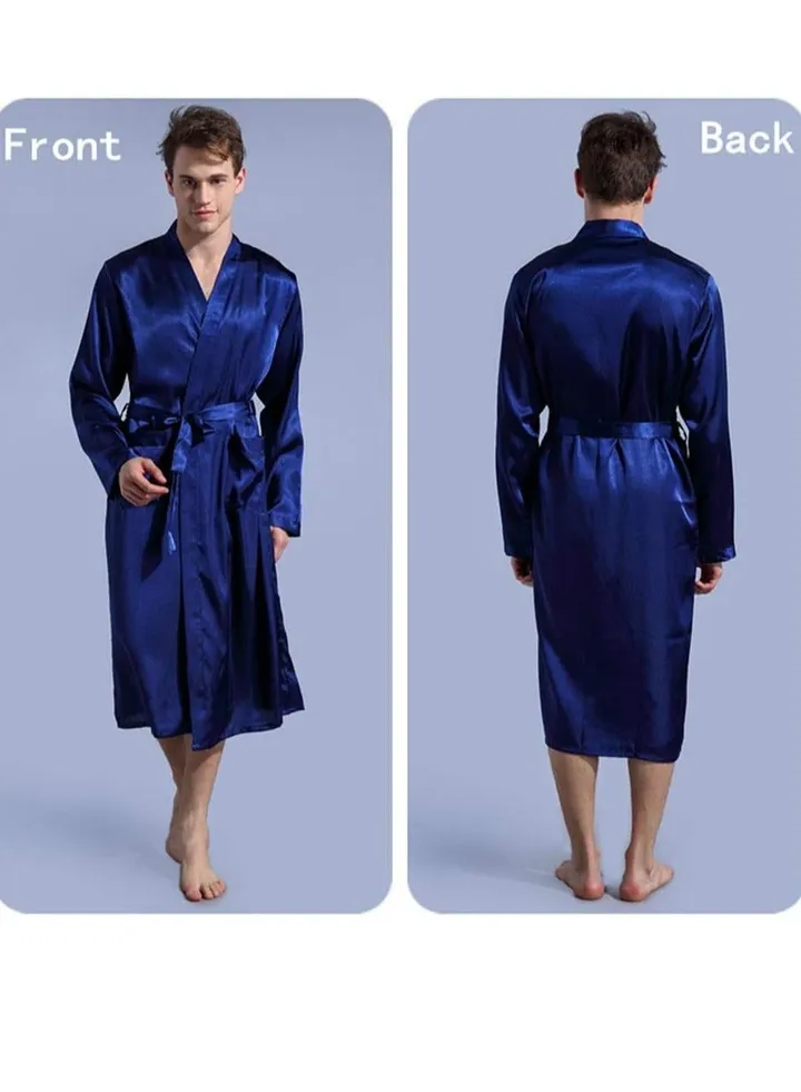 Solid Belted Night Robe Dark Blue