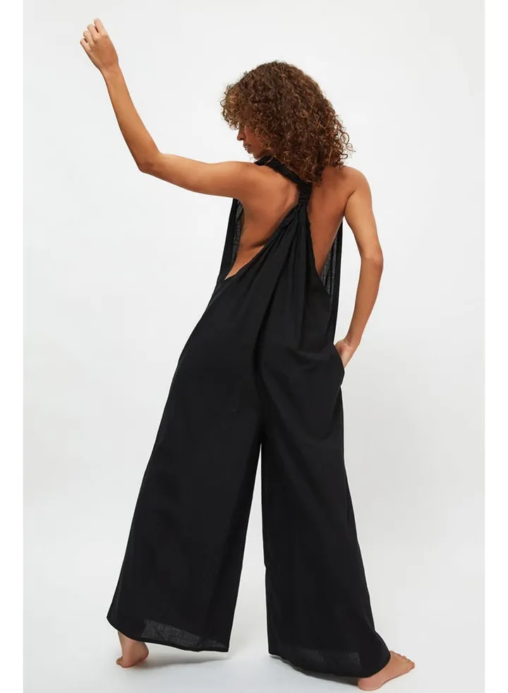 Black Woven Gathered 100% Cotton Jumpsuit TBESS21TU0269