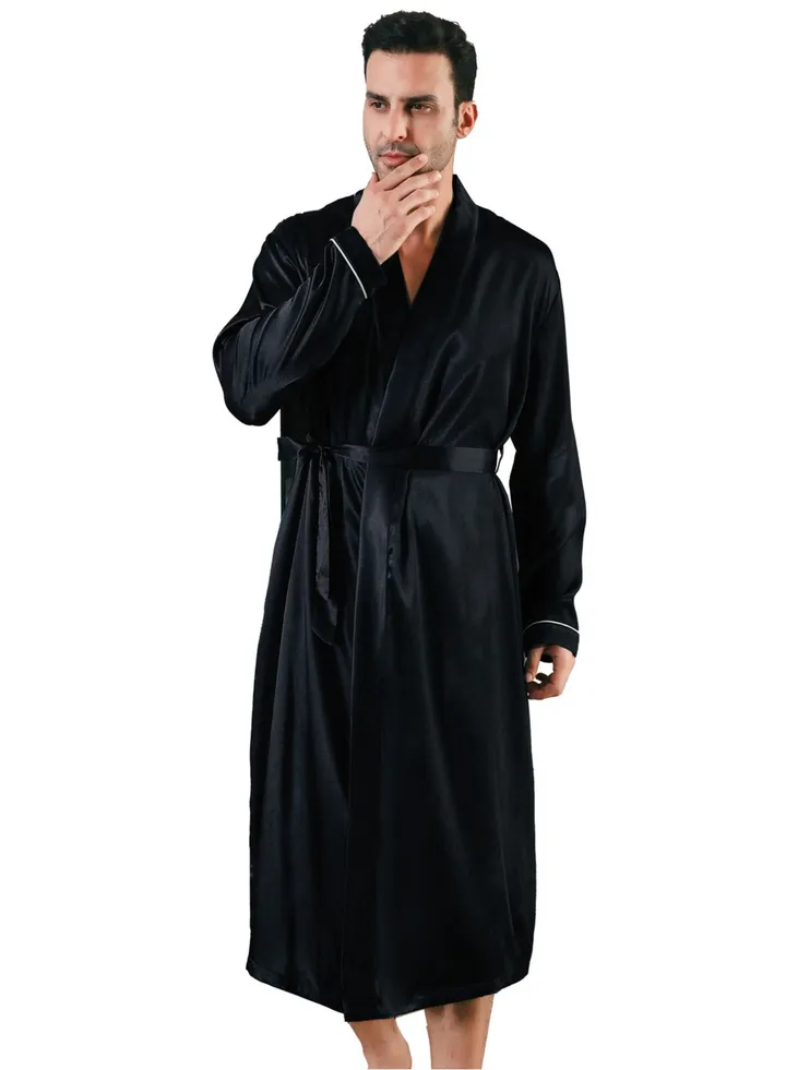 Classic Men's Long Sleeve silky Pajamas Lightweight Bathrobe Comfortable Lounge Wear-black