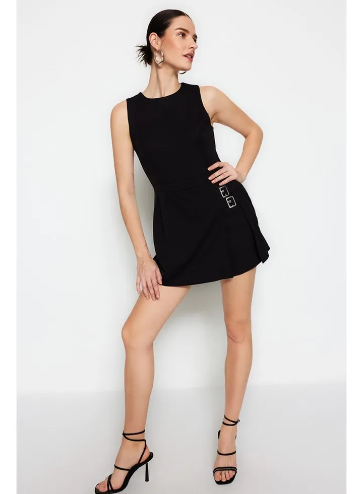 Black Mini Shorts Skirt Belt Detailed Woven Jumpsuit TWOSS23TU00085