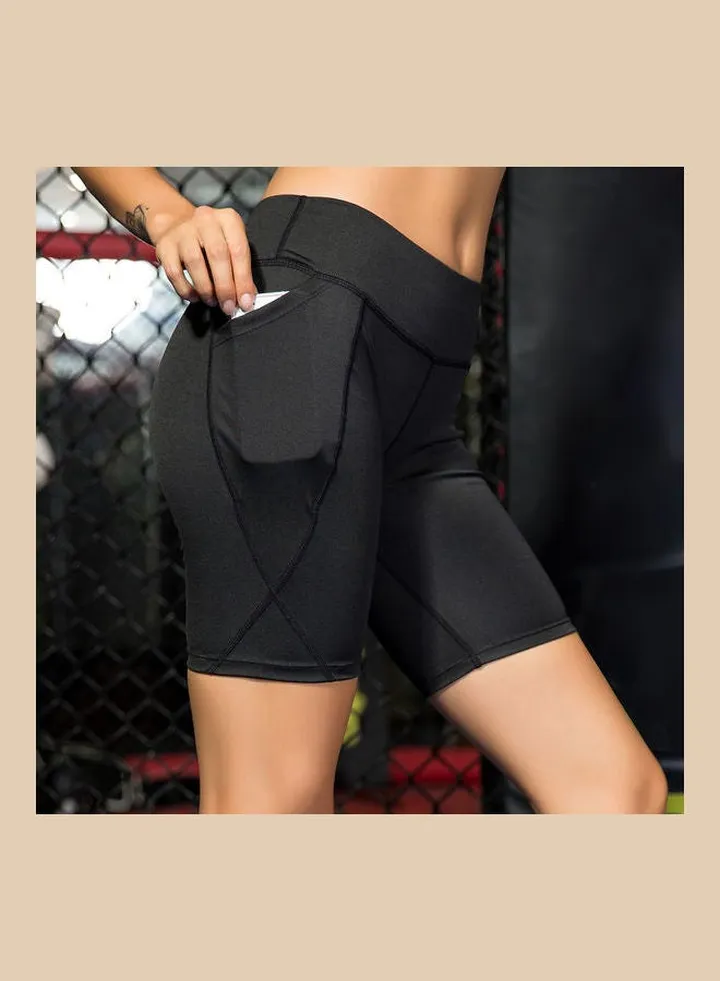 High Waist Pocket Sports Shorts Black