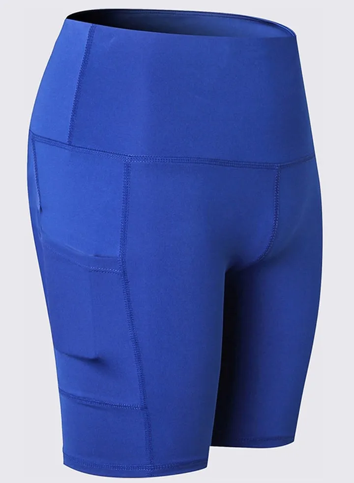 High Waist Side Pockets Details Yoga Shorts Blue