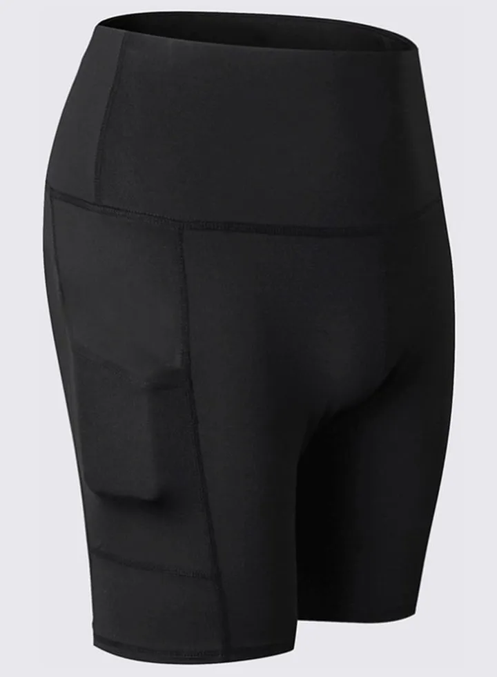 High Waist Side Pockets Details Yoga Shorts Black