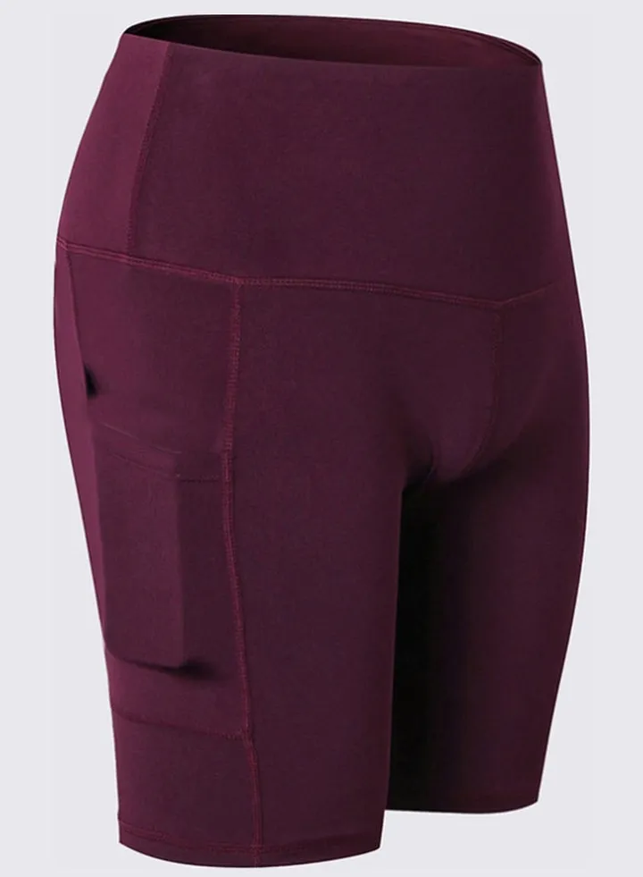 High Waist Side Pockets Details Yoga Shorts Burgundy