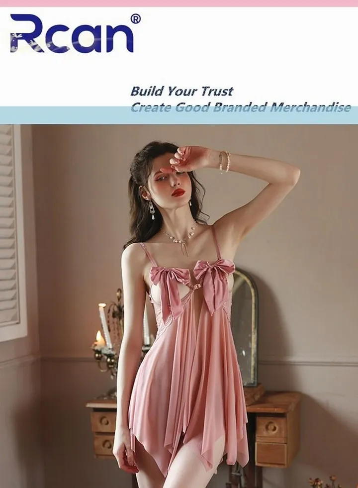Lingerie for Women's Babydoll Backless Sling Cute Bowknot Dress Sleepwear Brief Set Pink