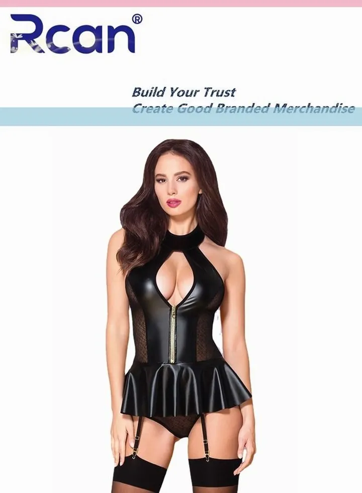 Lingerie For Women's Shiny PU Leather High Collar Zip Slim Fit Short Skirt Skinny Party Sling Mini Dress One Piece Babydoll Halter Neck Bodysuit Black