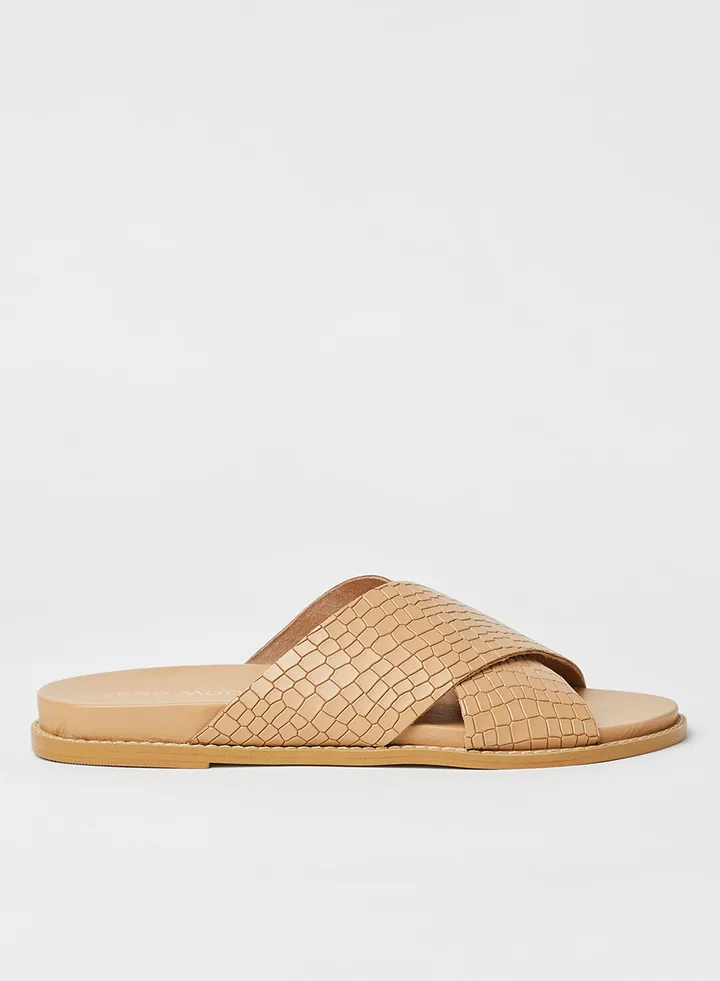 Croc Effect Leather Sandals Travertine