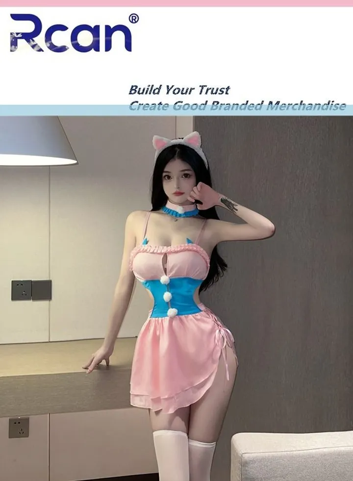 Lingerie For Women's Babydoll Maid Costume With Stockings Backless Bowknot Dress Sleepwear Set