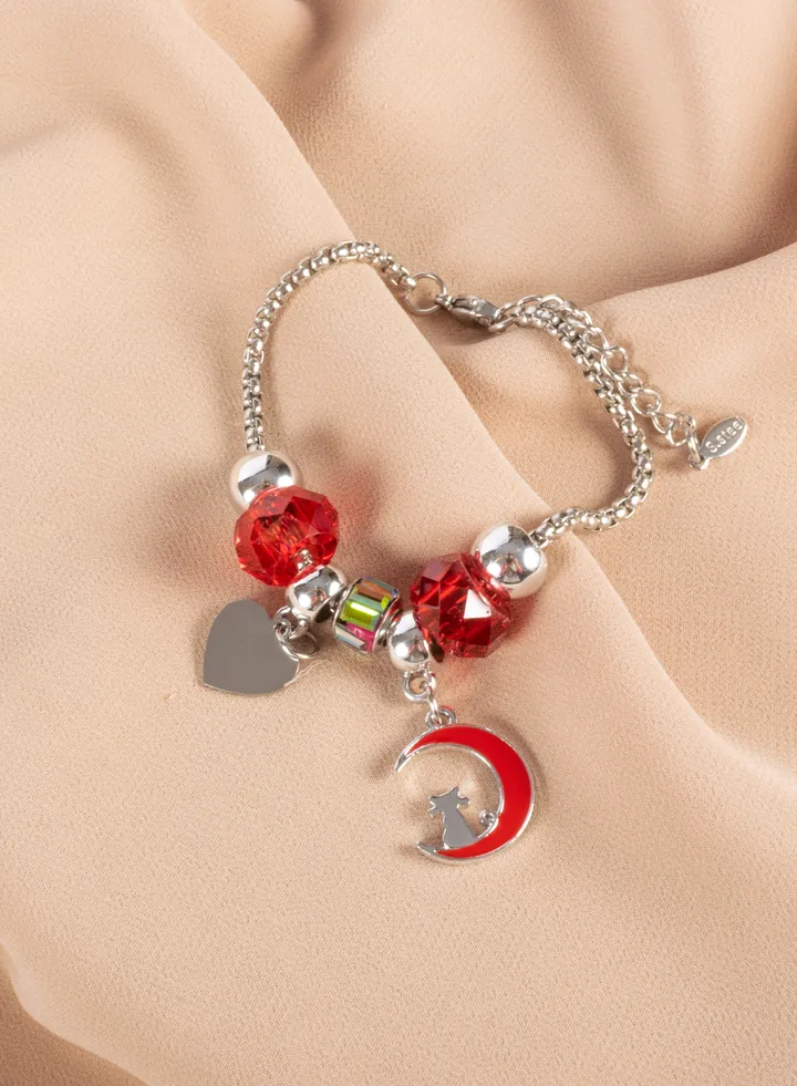 Bandora Stainless Steel Bracelet Silver with a Red Cresent Pendant