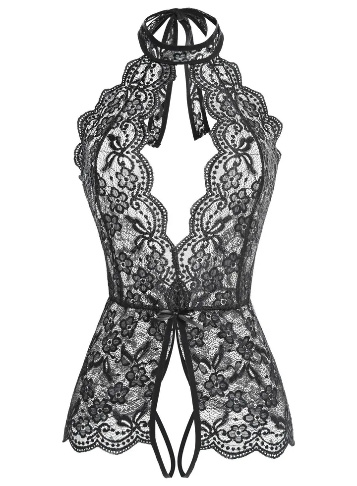 Women One Piece Lingerie Lace BabyDoll Teddy Deep V Neck Halter Bodysuit Chemise Sleepwear