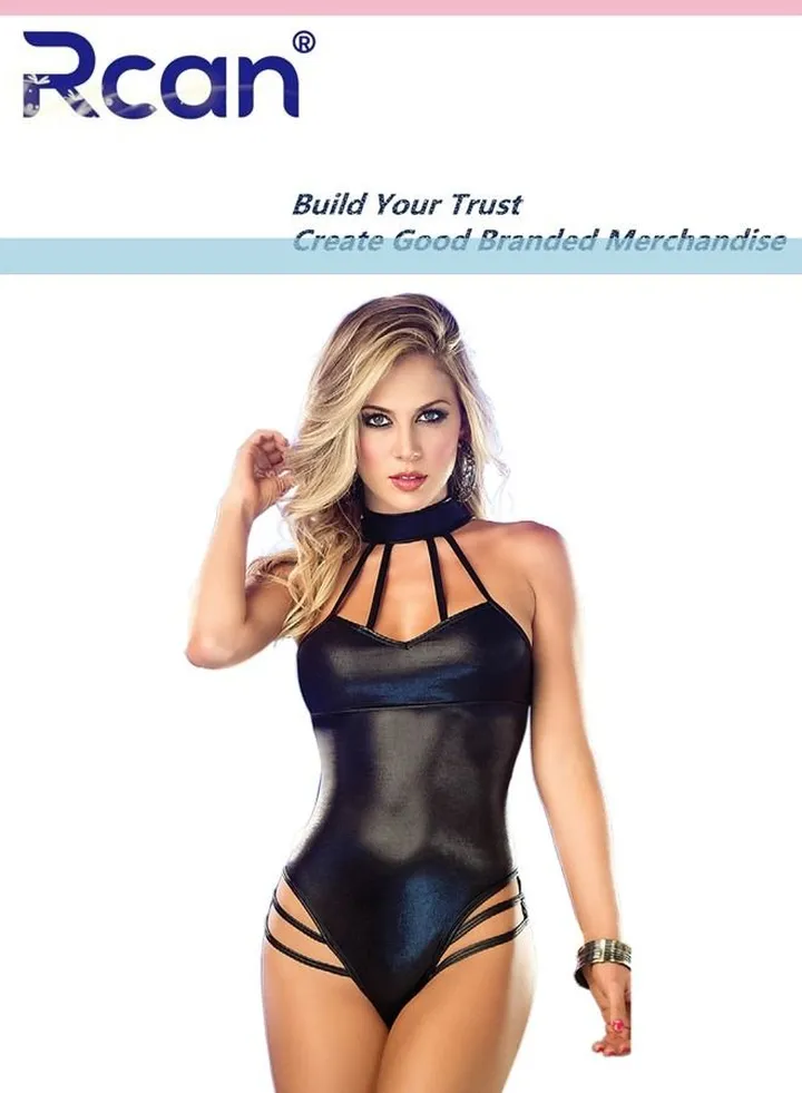 Lingerie for Women's Shiny PU Leather Turtleneck Slim Fit Underwear Skinny Pajamas One Piece Babydoll Backless Halter Neck Bodysuit for Club Party Free Size