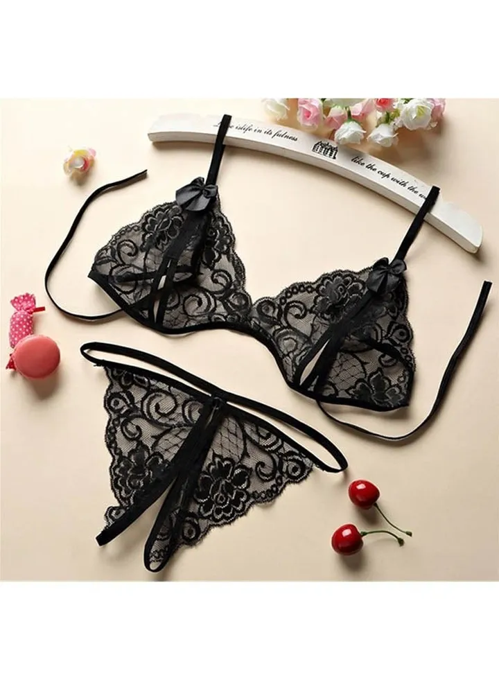 Women Fashion Babydoll Sleepwear Underwear Bra G-string Open Crotch Gift Black