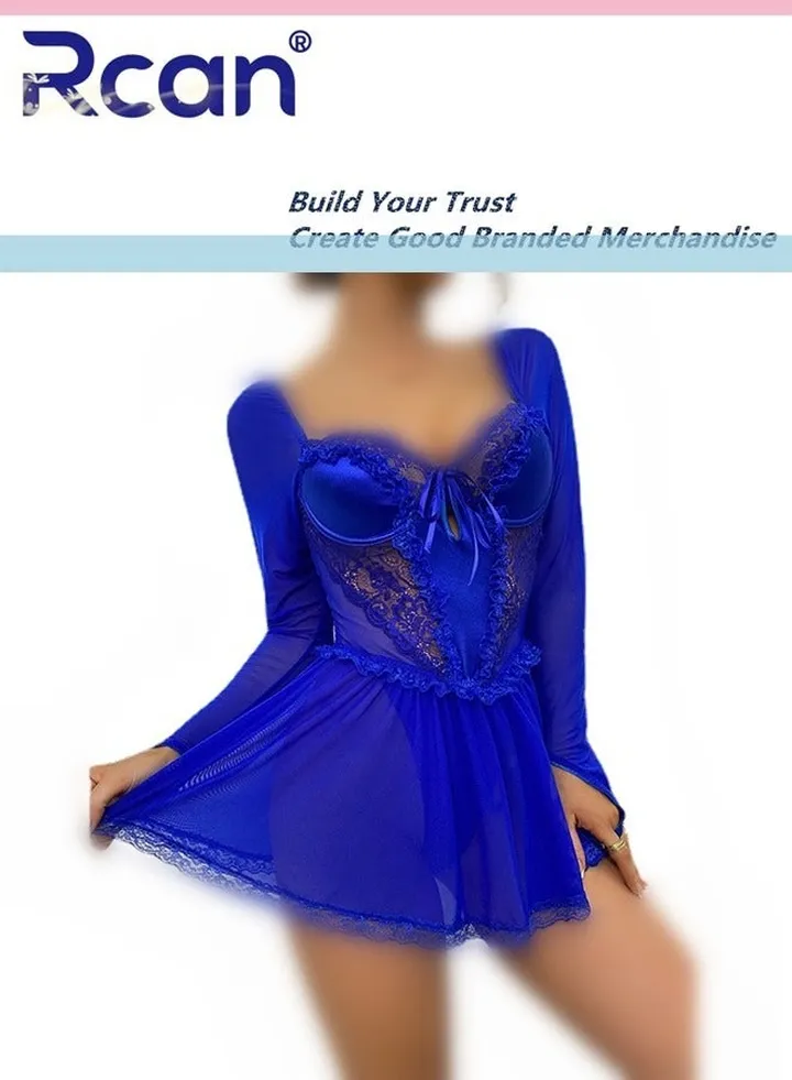 Lingerie for Women's French Fashion Babydoll Deep V Neck Slim Mesh Underwear Nightdress Long Sleeve Dress Ladies Boudoir Push Up Chest Pads Pajamas Free Size