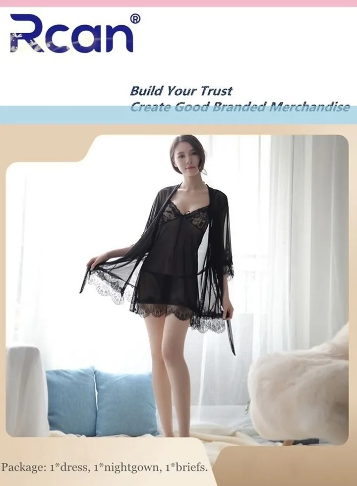 3 Piece Set Lingeries for Women European Fashion Babydoll V Neck Underwear Mesh Backless Sling Nightdress Ladies Boudoir Outfits Sleepwear Robe Nightgown