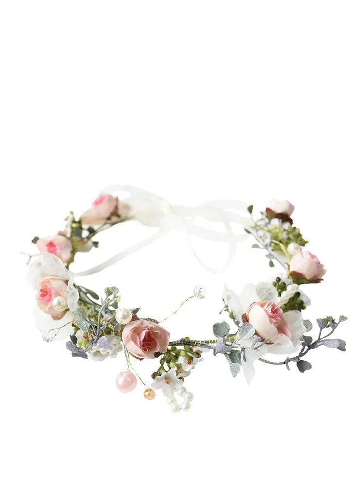 Adjustable Flower Crown Headband, Boho Flower Headband Hair Wreath Floral Garland Crown Halo Headpiece with Ribbon Women Girl Festival Wedding Festival Party