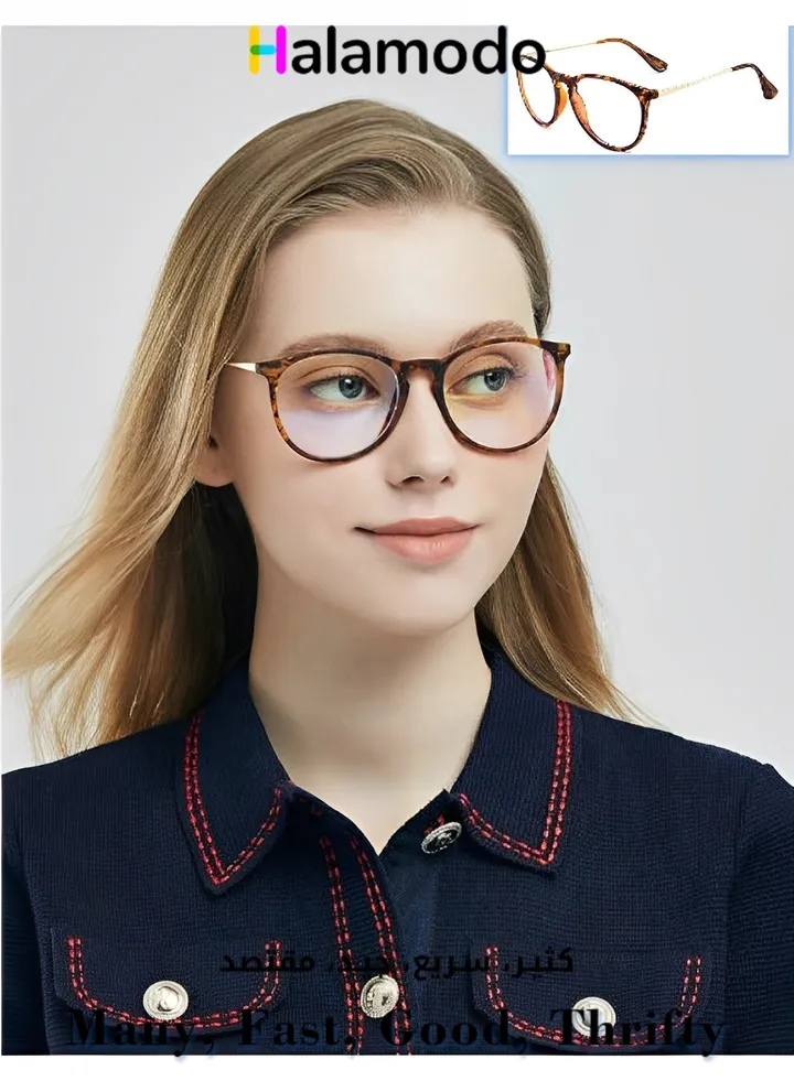 Vintage Anti Blue Light Plain Glasses Unisex Fashion Leopard Print Round Frames with Clear Glasses