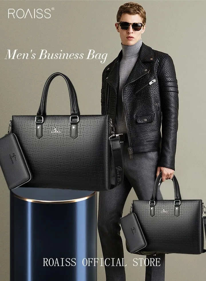 Classic PU Business Leather Briefcase with One Clutch 14 Inch Laptop Bag Large Capacity Messenger Soft Top Handle Tote with Long Shoulder Strap Men Travel Office Black